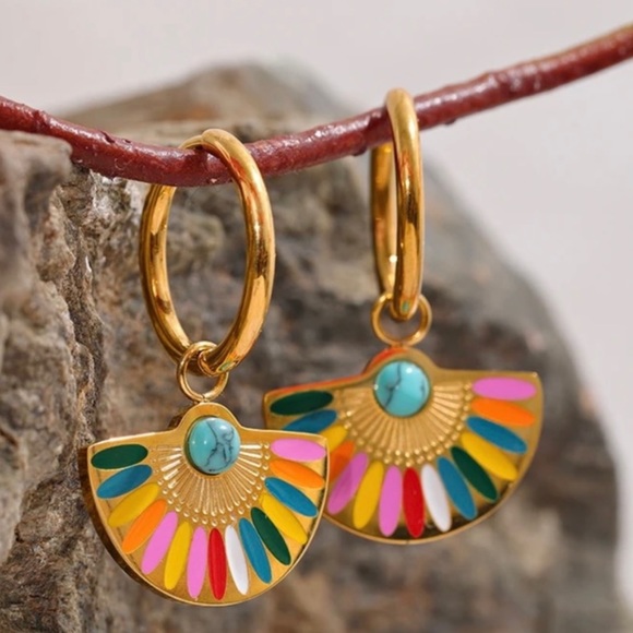 New beautiful Colorful Enamel Stainless Steel Fan earrings - Picture 4 of 7